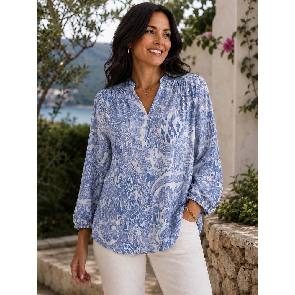 Chico's (8/10) Blue White Paisley Ikat Peasant Blouse-Boho-Coastal-Artful-Resort